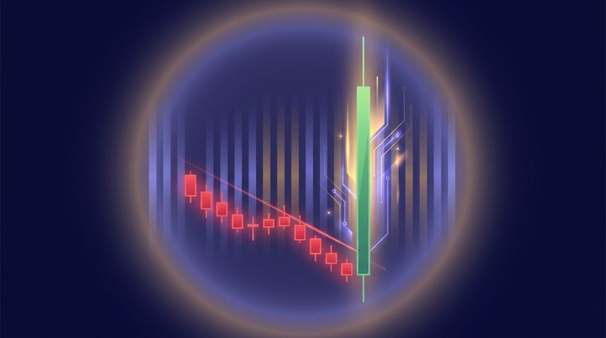 Illustration of a candlestick chart grinding one way then spiking sharply the other
