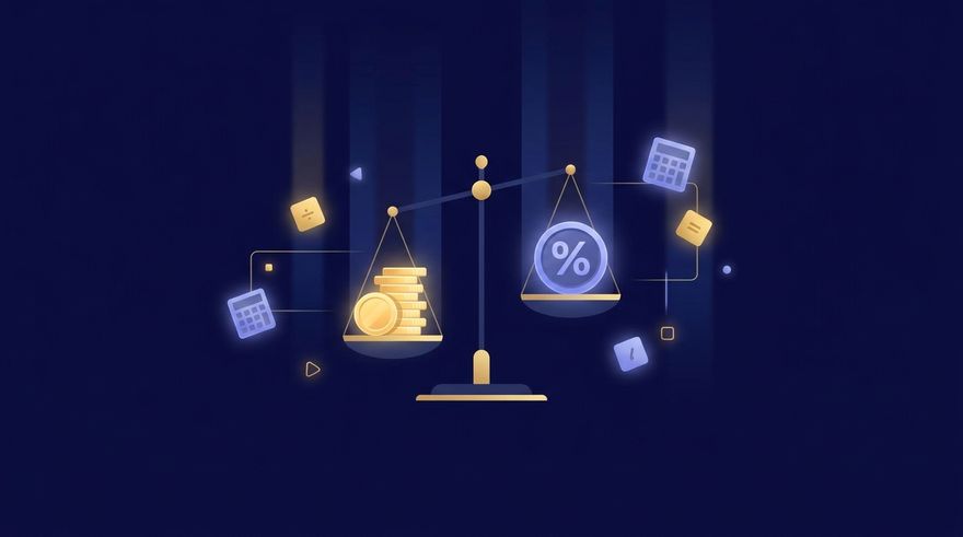 Illustration of a balance scale weighing coins against a percentage