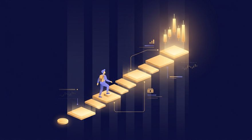 Illustration of a learning journey: golden steps rising from a single coin to a full trading chart