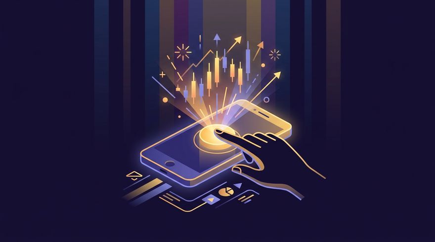 Illustration of a phone showing a trading chart with a small stake