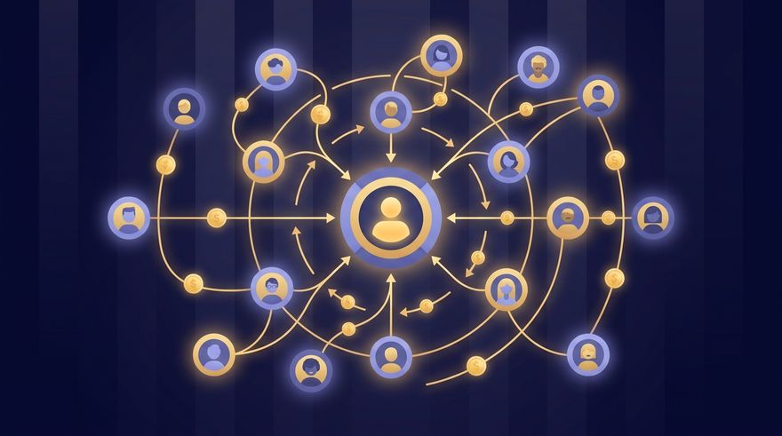 Illustration of a referral network: connected people with commissions flowing along the links