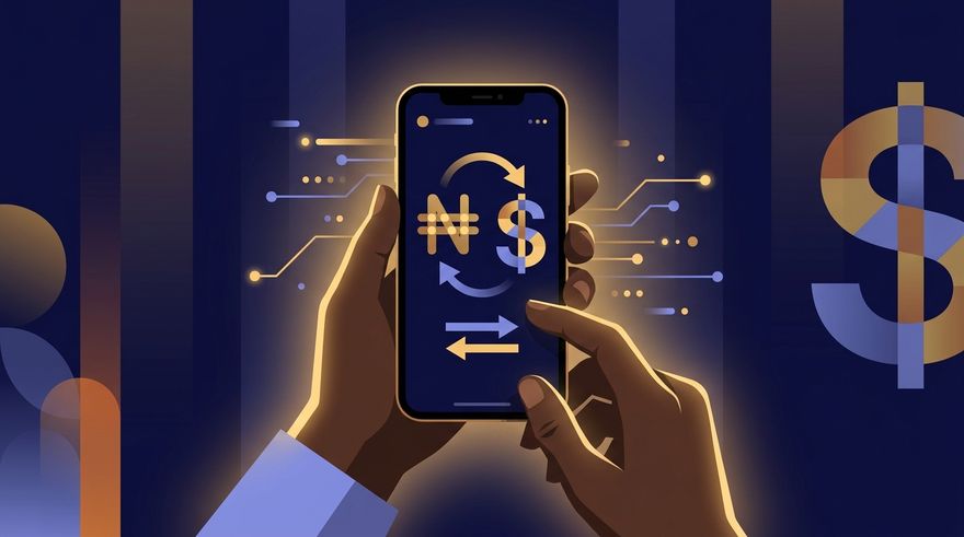 Illustration of a phone converting naira to US dollars for a Deriv deposit