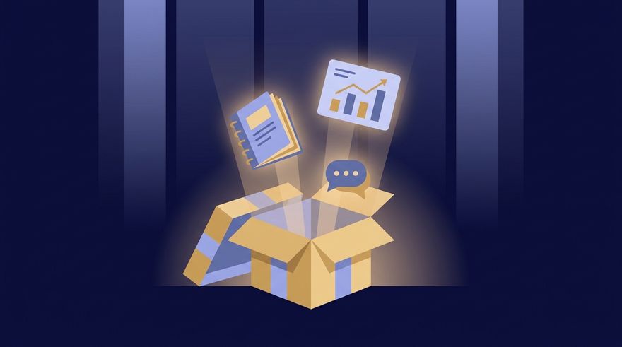 Illustration of an open glowing gift box with a booklet, chart card and chat bubble