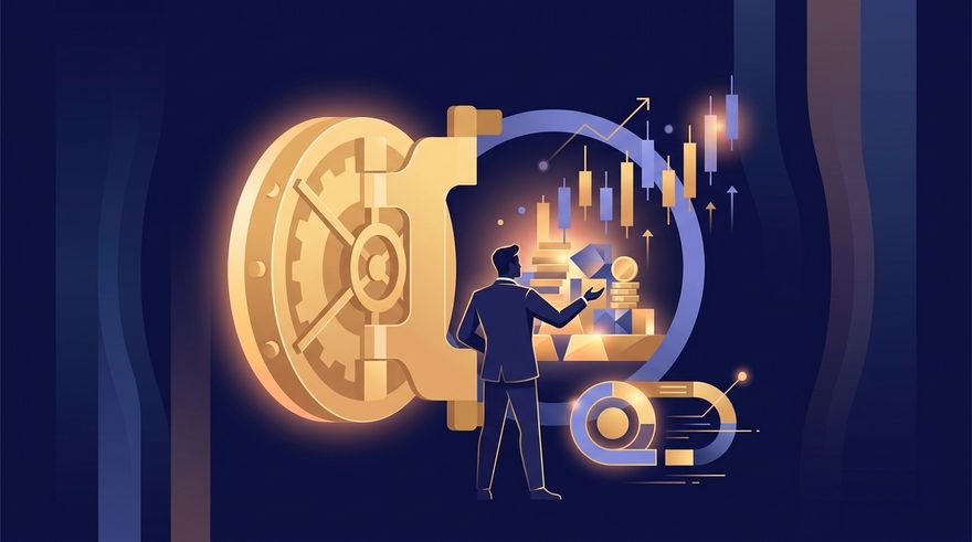 Illustration of a golden vault door opening to reveal trading capital